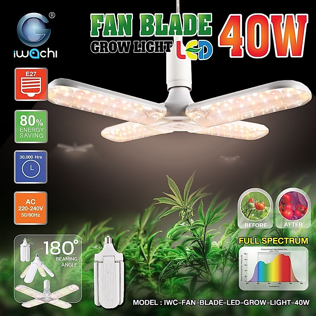 Level**แบบแสงอาทิตย์**IWACHI ไฟปลูกต้นไม้ หลอดทรงใบพัด ขั้ว E27 LED 40W แสงไฟสำหรับปลูกต้นไม้ทุกประเภท