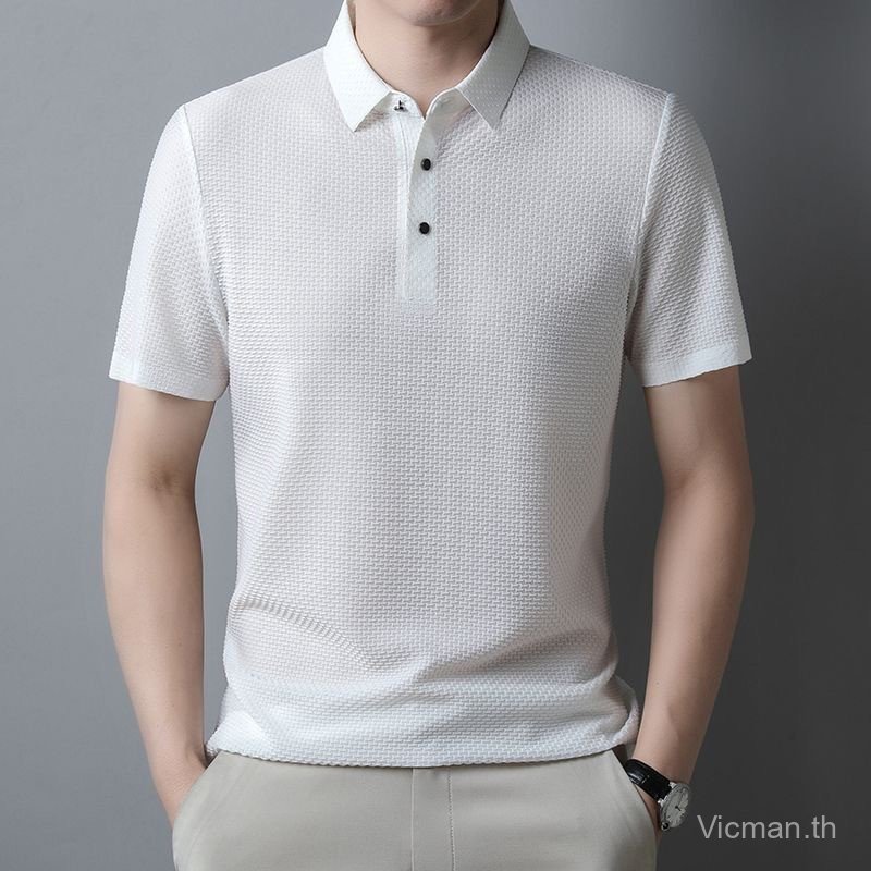 M-5XL เสื้อโปโลแขนสั้นผู้ชายผ้าไหมน้ําแข็งฤดูร้อน รูปที่ 5