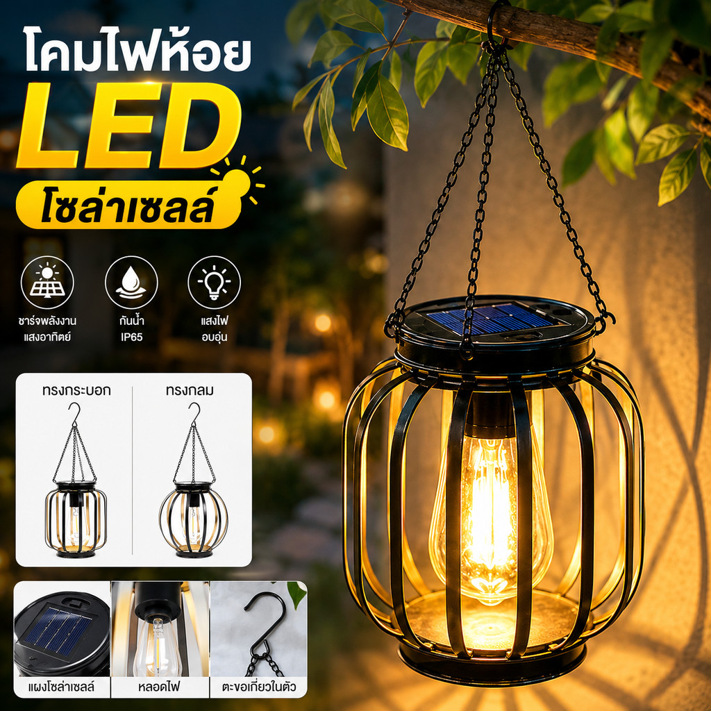 โคมไฟห้อย LED โซล่าเซลล์ มีตะขอเกี่ยวในตัว ห้อยต้นไม้สวน กันน้ำ ประดับตกแต่งบ้านกลางแจ้งอเนกประสงค์