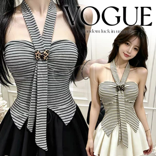 Vogue🌟พร้อมส่ง🌟 เสื้อเกาะอกลายทาง แถมเชือกคล้องคอแต่งโบว์น่ารัก มีฟองน้ำในตัว (FY3031)