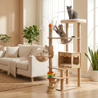 【DogLemi】คอนโดแมว XXL บ้านแมวไม้ ที่ลับเล็บแมว โดมใสแมว 360° คอนโดแมวขนาดใหญ่ ของเล่นแมวครบชุด