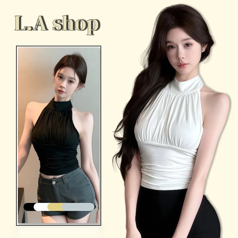 L.A Shop★พร้อมส่ง เสื้อแขนกุด คล้องคอ  เสริมฟองน้ำในตัว เรียบหรูดูแพง ยืดพอตัว -FY992