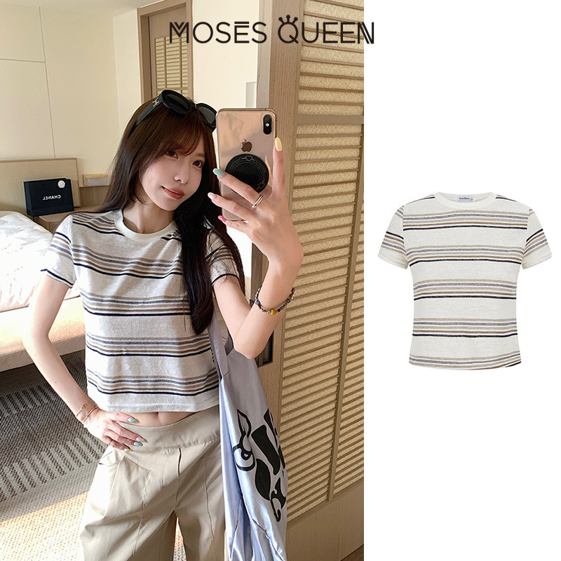 MOSESQUEEN โมเสสควีน เสื้อยืดคอกลมแขนสั้นลายทางสีตัดกันฤดูร้อนน้ําหนักเบาแบบสั้นสําหรับผู้หญิง #63715