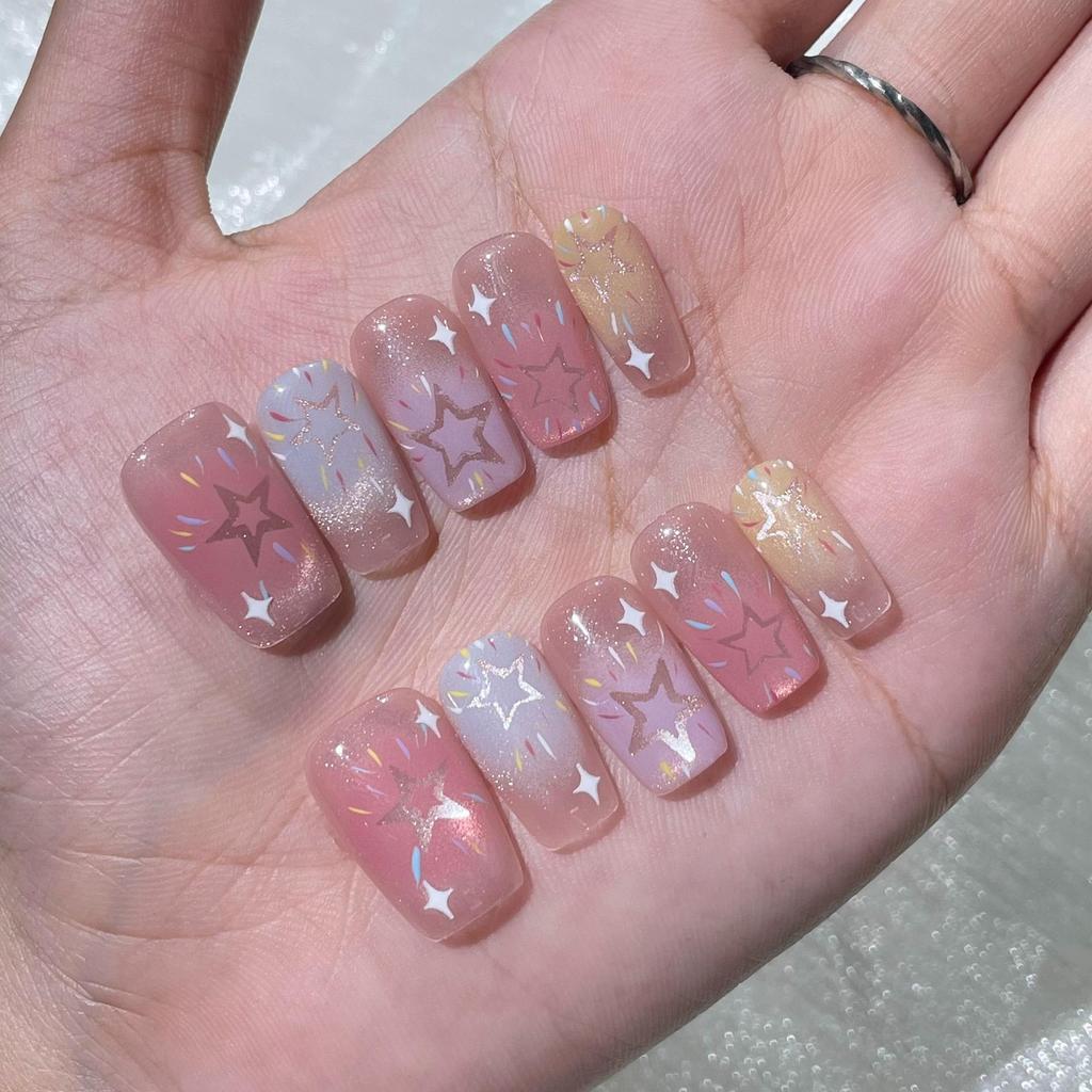 A455 10 ชิ้นต่อชุด เล็บปลอมสำเร็จรูปงานมือ ลายลูกแก้วแคทอายไล่สีแคนดี้ สไตล์กาแล็กซี่ชวนฝัน สวยละมุนวิบวับมีมิติ