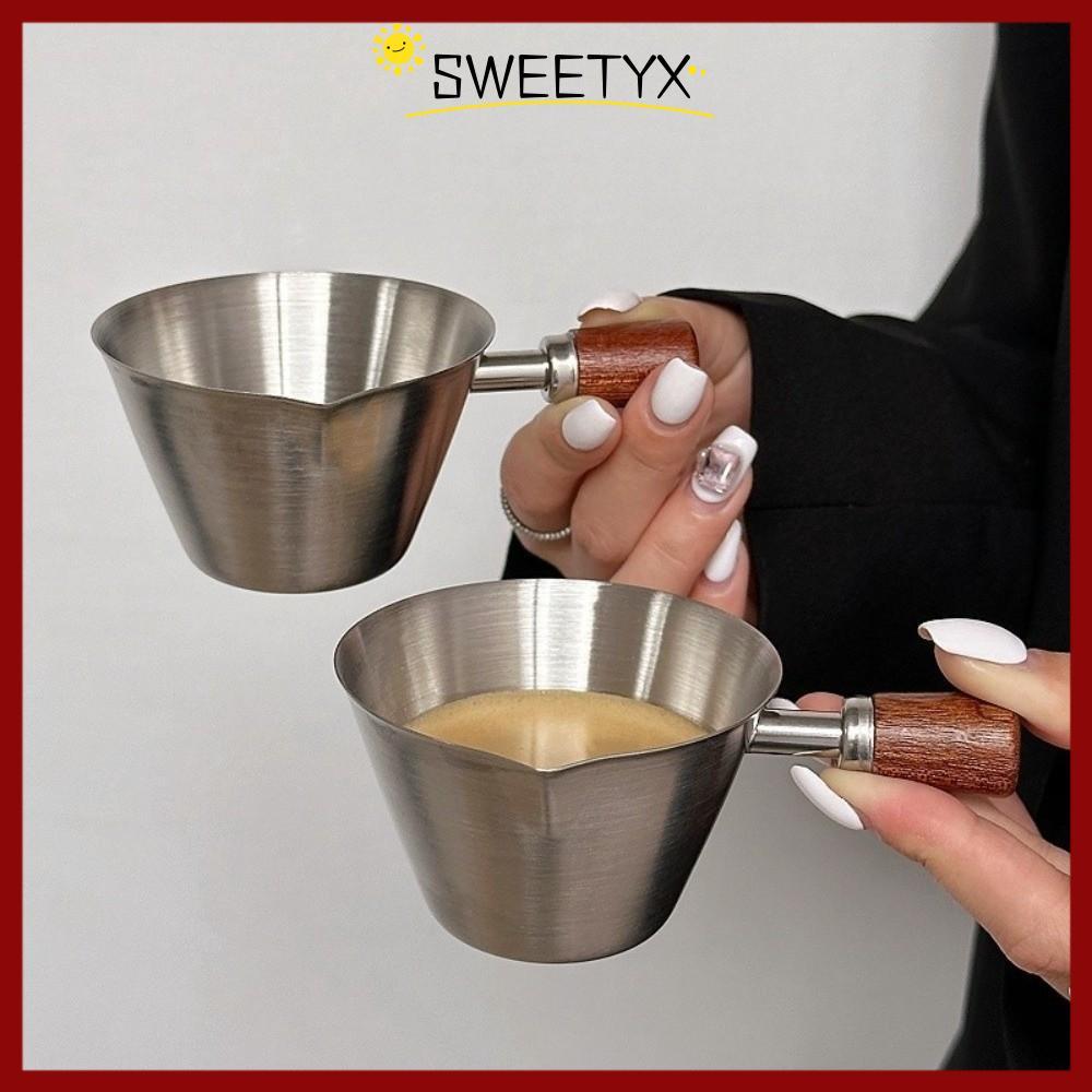 in stockSWEETYX ถ้วยนมขนาดเล็ก, 100ML สแตนเลสอิตาเลี่ยน Espresso ถ้วยตวง, ด้ามไม้พร้อมขนาดอุปกรณ์กาแฟในครัว