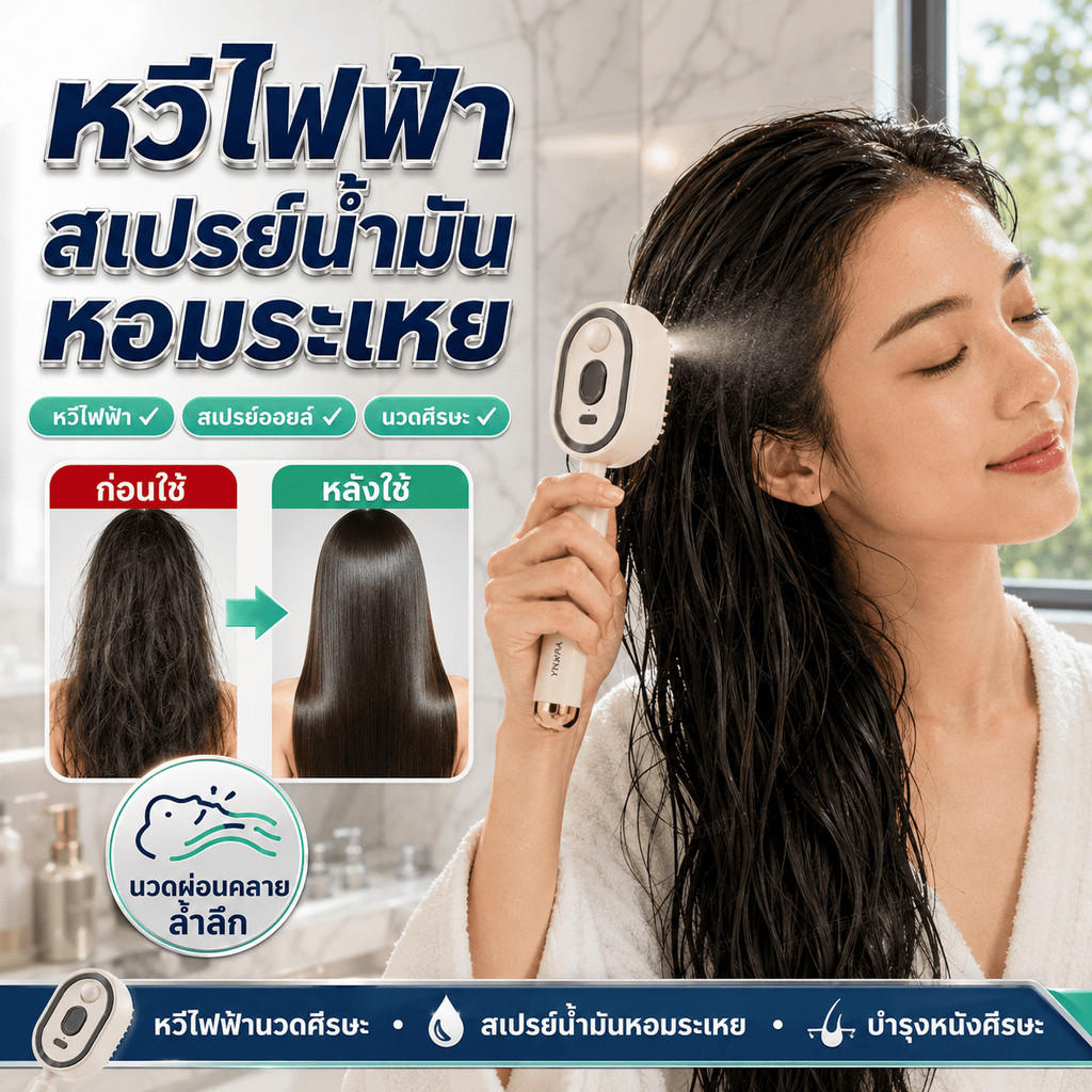 【ช่วยบำรุงสุขภาพหนังศีรษะ】หวีไฟฟ้าสเปรย์น้ำมันหอมระเหยนวดศีรษะ/หวีไฟฟ้า/หวีสเปรย์น้ำมันหอมระเหย/หวีนวดศีรษะ