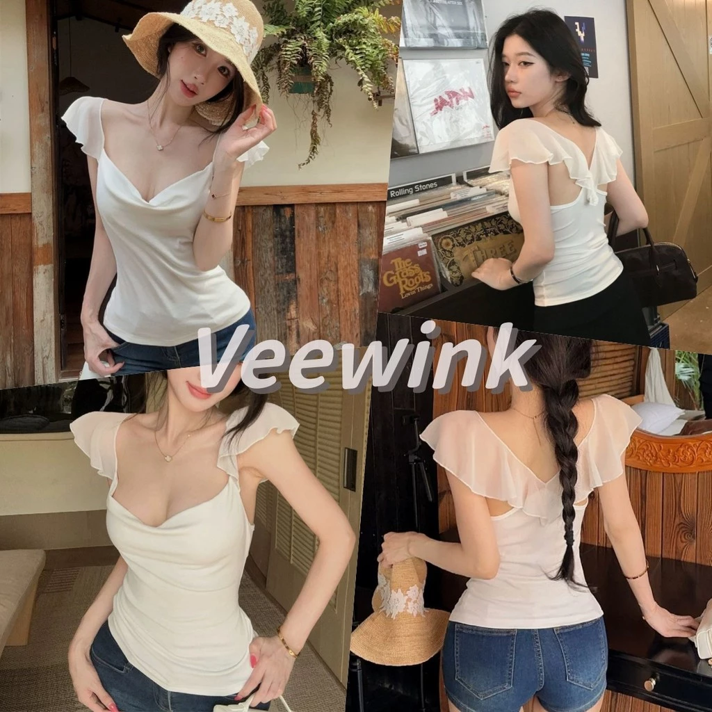 Veewink เสื้อยืด เสื้อกล้ามแขนปีกดีไซน์เก๋ เอวคอดครอป สไตล์อเมริกันเซ็กซี่ ใส่เป็นตัวนอกได้ เนื้อผ้าบางเบา
