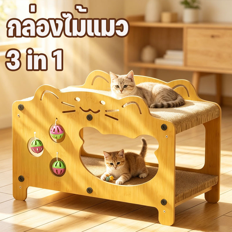 กล่องไม้แมว ฝนเล็บแมว บ้านแมวไม้ สองชั้น 3in1 กว้างขวาง ด้วยระฆัง ทนทานต่อการสึกหรอ มั่นคง