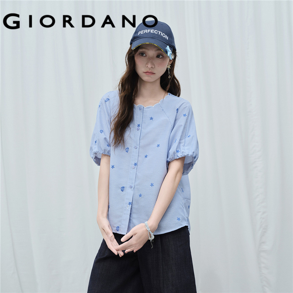 GIORDANO WOMEN Embroidered striped scalloped neck blouse 18346615