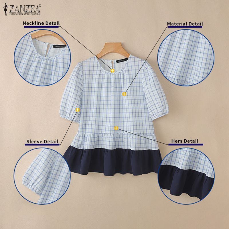 ZANZEA ผู้หญิงเกาหลีฝรั่งเศสย้อนยุครอบคอพัฟแขนลายสก๊อต Patchwork สีบล็อก Ruffles Hem เสื้อเบลาส์ — صورة 7