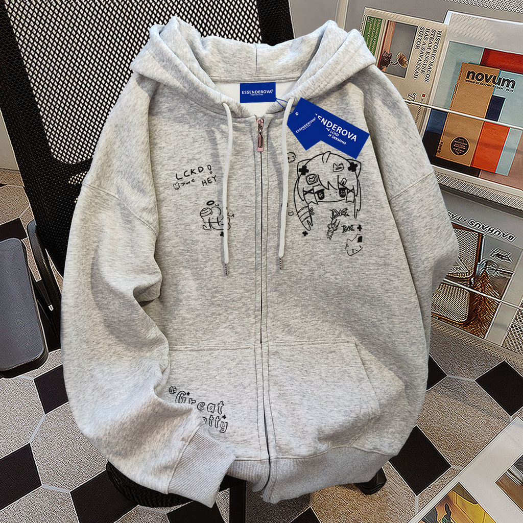 Streetwear Zip Up Hoodie ผู้หญิง Grunge Y2K เสื้อแขนยาวลําลองการ์ตูนซิปเสื้อกันหนาว