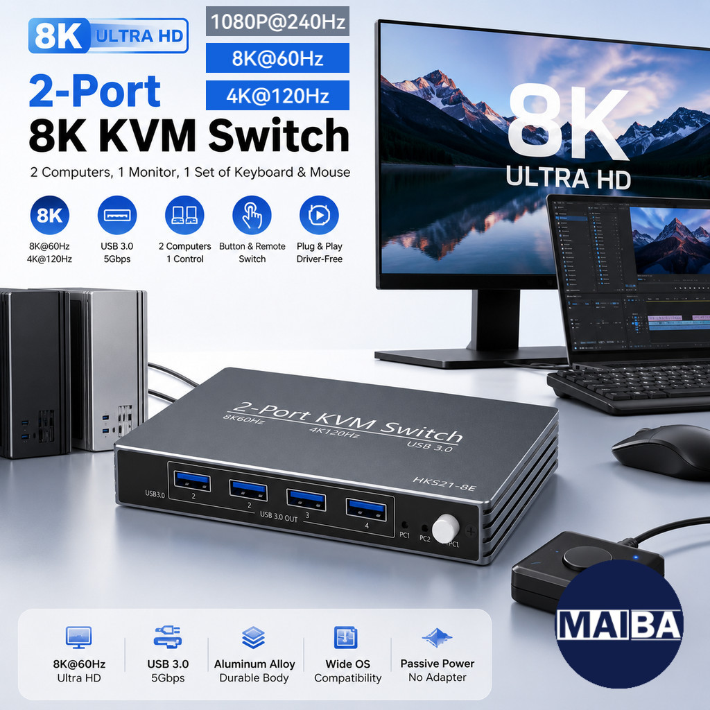 สวิตช์ 2 พอร์ต 8K KVM, สวิตช์ USB 3.0 KVM 8K@60Hz 4K@120Hz, ปุ่มสัมผัสเดียวและรีโมทคอนโทรลแบบมีสาย, 