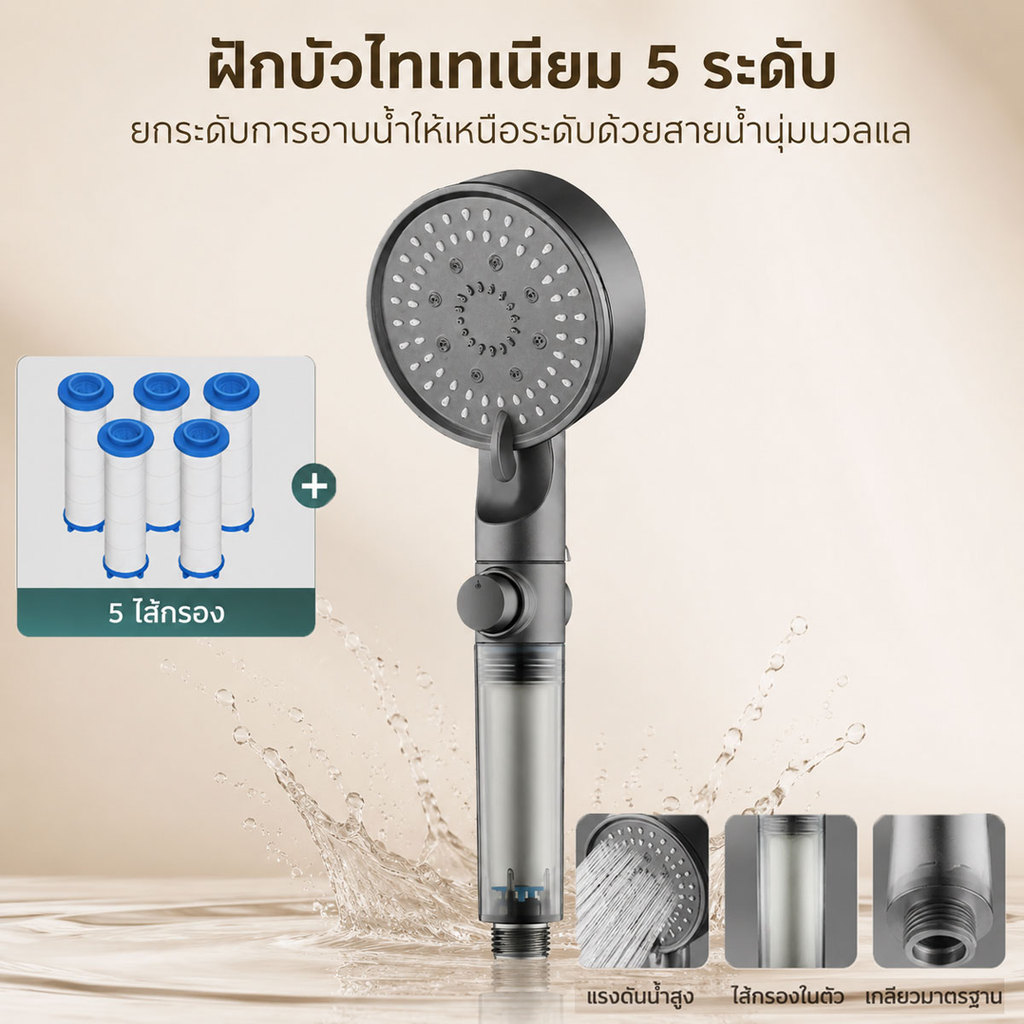 ชุดฝักบัวอาบน้ำกรองน้ำ ประหยัดน้ำ ปรับรูปแบบน้ำได้ 5 ป้องกันตะกรัน พร้อมไส้กรองสำรอง