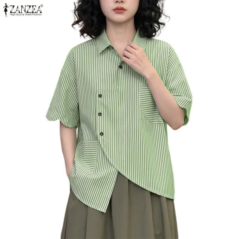 ZANZEA ซานเซีย เสื้อสตรีเกาหลีหลวมแขนสั้นลายหยักแบบอสมมาตรเสื้อลําลอง