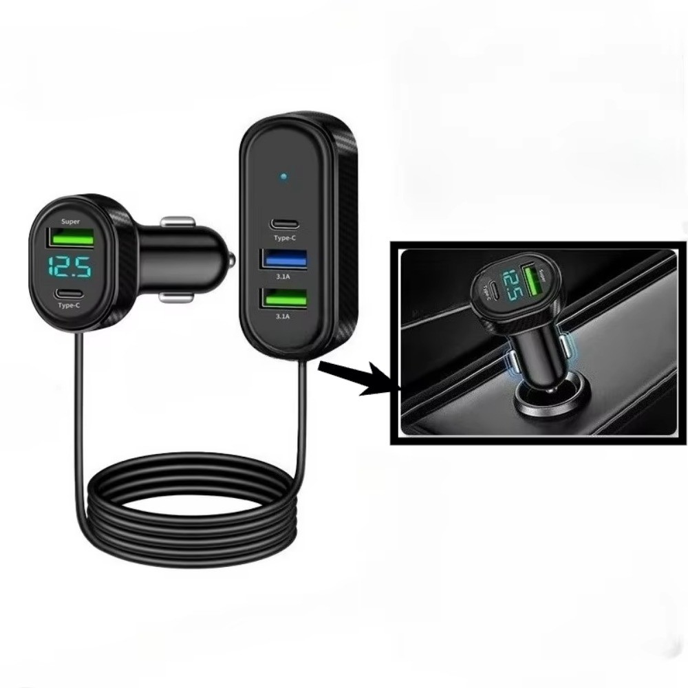 66W 5-Port Car USB Charger 1.5M สายยาว Ultra-Fast Charging สําหรับด้านหน้า/ด้านหลังแถว DC 12V/24V Ty