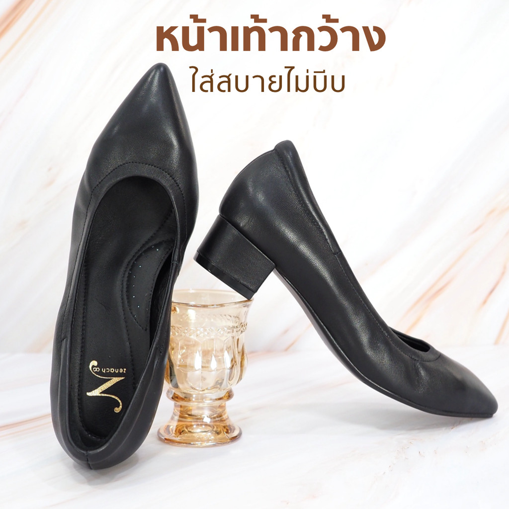 ทรงใหญ่ลด 1 ไซส์ เปลี่ยนไซส์ได้ ไม่รับคืน Zenachoo รุ่น Vanessa1.5 สูง 1 นิ้วครึ่ง รองเท้าหนังแกะแท้หัวแหลม พื้นนุ่ม