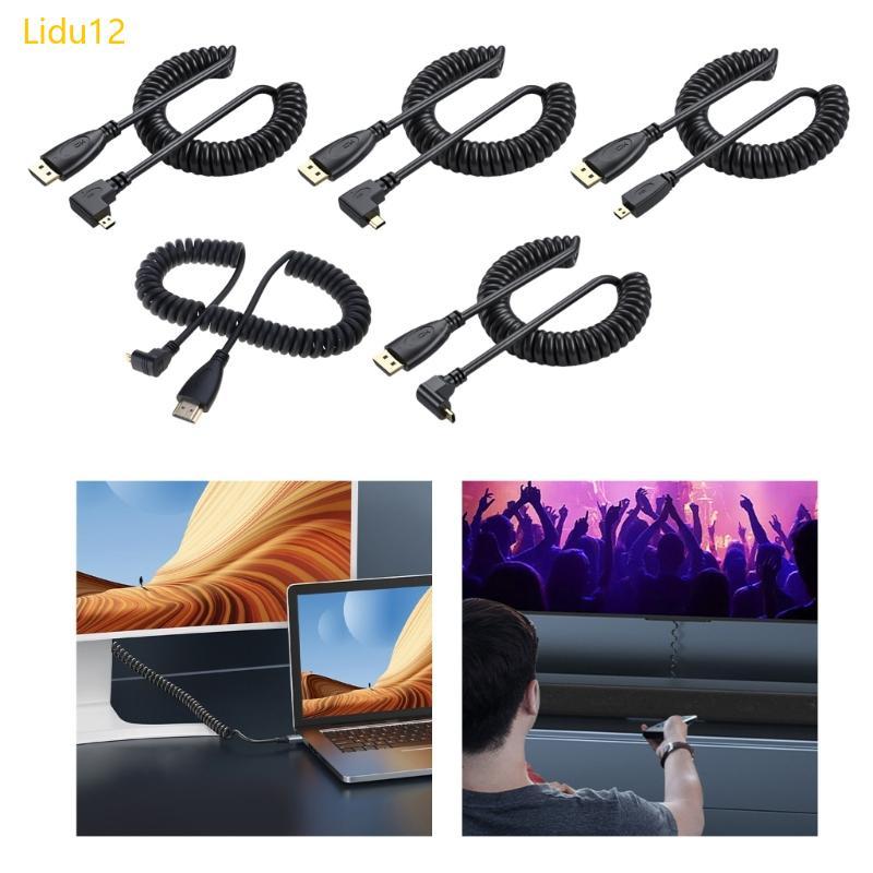 Lidu12 HDTV Port 4K 60Hz Video Cord Spring Coiled Cable ตรง 90 องศาชายกับชายสายเชื่อมต่อสําหรับโปรเจ