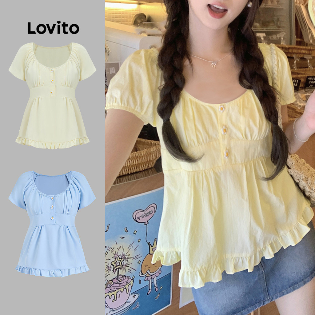 Lovito แคชชวล เสื้อเบลาส์ แต่งจีบ สีพื้น ติดกระดุม สไตล์น่ารัก สำหรับผู้หญิง L122AD055