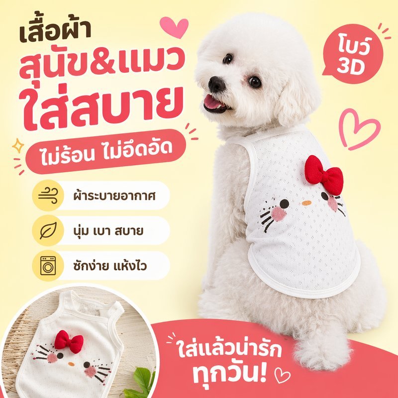 เสื้อสัตว์เลี้ยง เสื้อหมาแมว ลายแมว โบว์3D ระบายอากาศ ใส่สบาย ฤดูร้อน หมาเล็ก แมวน่ารัก