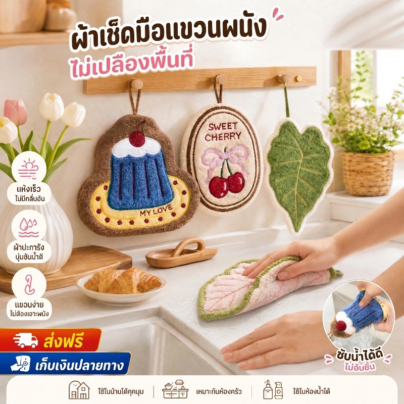 COD﻿ ผ้าเช็ดมือลายเค้ก วัสดุนุ่มสบาย ดูดซับน้ำดี แห้งเร็ว ทนทาน ใช้ได้ทั้งครัวเรือนและห้องน้ำ