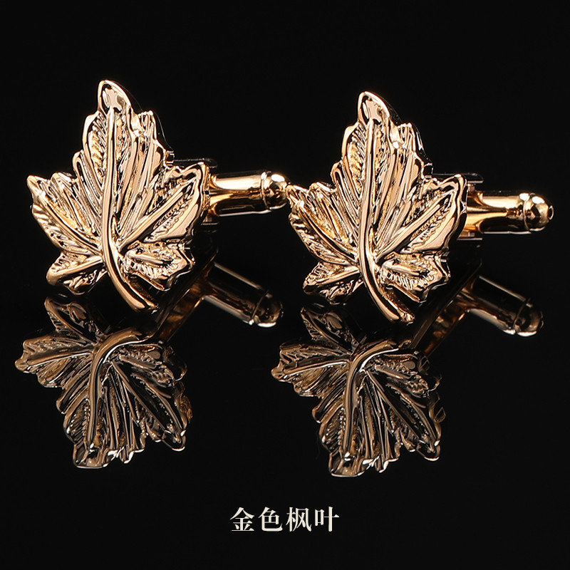 [กล่องของขวัญ] จัดส่งฟรี Simple French Shirt Men Cuff Nails ผู้ชายผู้หญิง Golden Maple Leaf French C