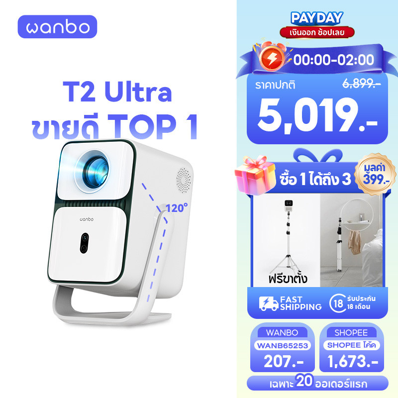 [Hot] Wanbo T2 Ultra 500 ANSI Projector โปรเจคเตอร์ พกพา การป้องกันการสั่น Android 11.0 การอัพเกรดที่ครอบคลุม