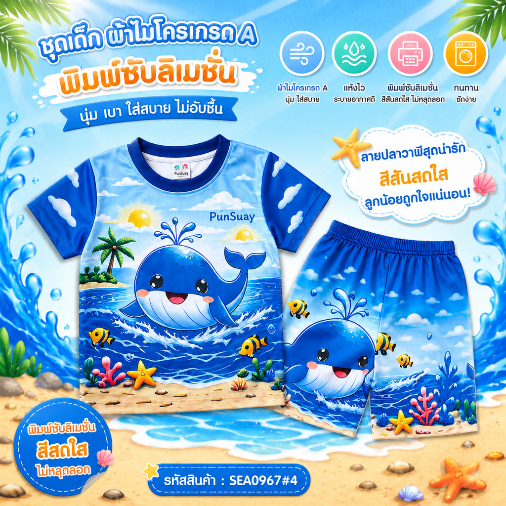 (M967#4) ชุดเด็กลายปลาวาฬทะเล เสื้อแขนสั้น+กางเกงขาสั้น ผ้าไมโครเกรดA พิมพ์ซับลิเมชั่น น่ารักใส่สบาย