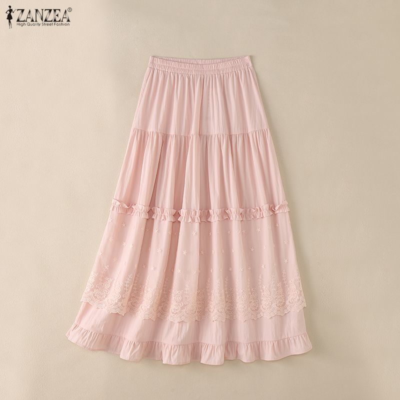 ZANZEA ผู้หญิงเกาหลีสไตล์สาวเอวยางยืดชั้นจีบ Patchwork สีทึบลูกไม้ A-line กระโปรง — صورة 8