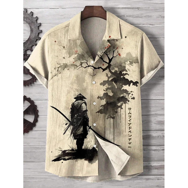 สไตล์ญี่ปุ่น Samurai Cat 3d พิมพ์เสื้อฮาวายผู้ชายผู้หญิงแฟชั่นแขนสั้นกระดุมแถวเดียวเสื้อลําลองชายหาดผู้ชาย 3D SDE4