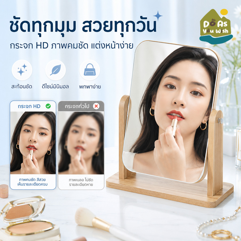 กระจกตั้งโต๊ะ กระจกแต่งหน้า กระจกไม้ HD มินิมอล พับได้/ปรับมุมได้ 3 ขนาด สไตล์เกาหลี แบบพกพา
