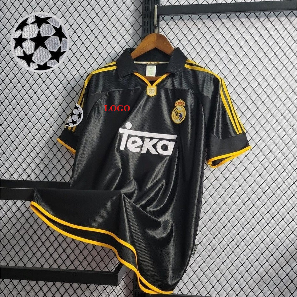 98/00 Retro Real Madrid away เสื้อฟุตบอลสีดํา C Ronaldo Benzema เสื้อฟุตบอลที่กําหนดเองเสื้อยืด jersey
