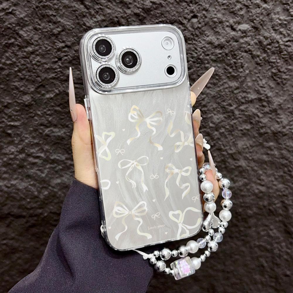 พร้อมส่ง เคสไอโฟน ป้องกันเลนส์ ลายโบว์สีทองสไตล์มินิมอล แถมสร้อยไข่มุก สำหรับไอโฟน iPhone 11 13 15 17 Pro MaxLRYSJK7