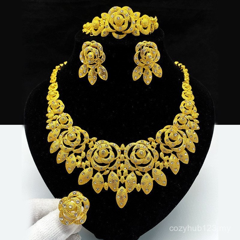 MPS อินเดีย 24k Gold Plated ชุดเครื่องประดับเจ้าสาว: สร้อยคอต่างหูสร้อยข้อมือ Habib แหวน 4 ชิ้นชุดงา