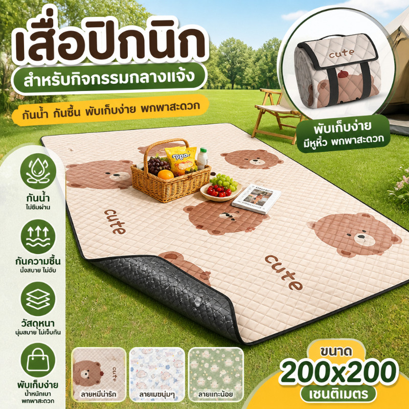 เสื่อปิคนิค Picnic Mats ซักเครื่องได้ นั่งรอบกันได้ พื้นฟิล์มอลูมิเนียมคู่ชั้น แผ่นกันน้ำ 5-12คน