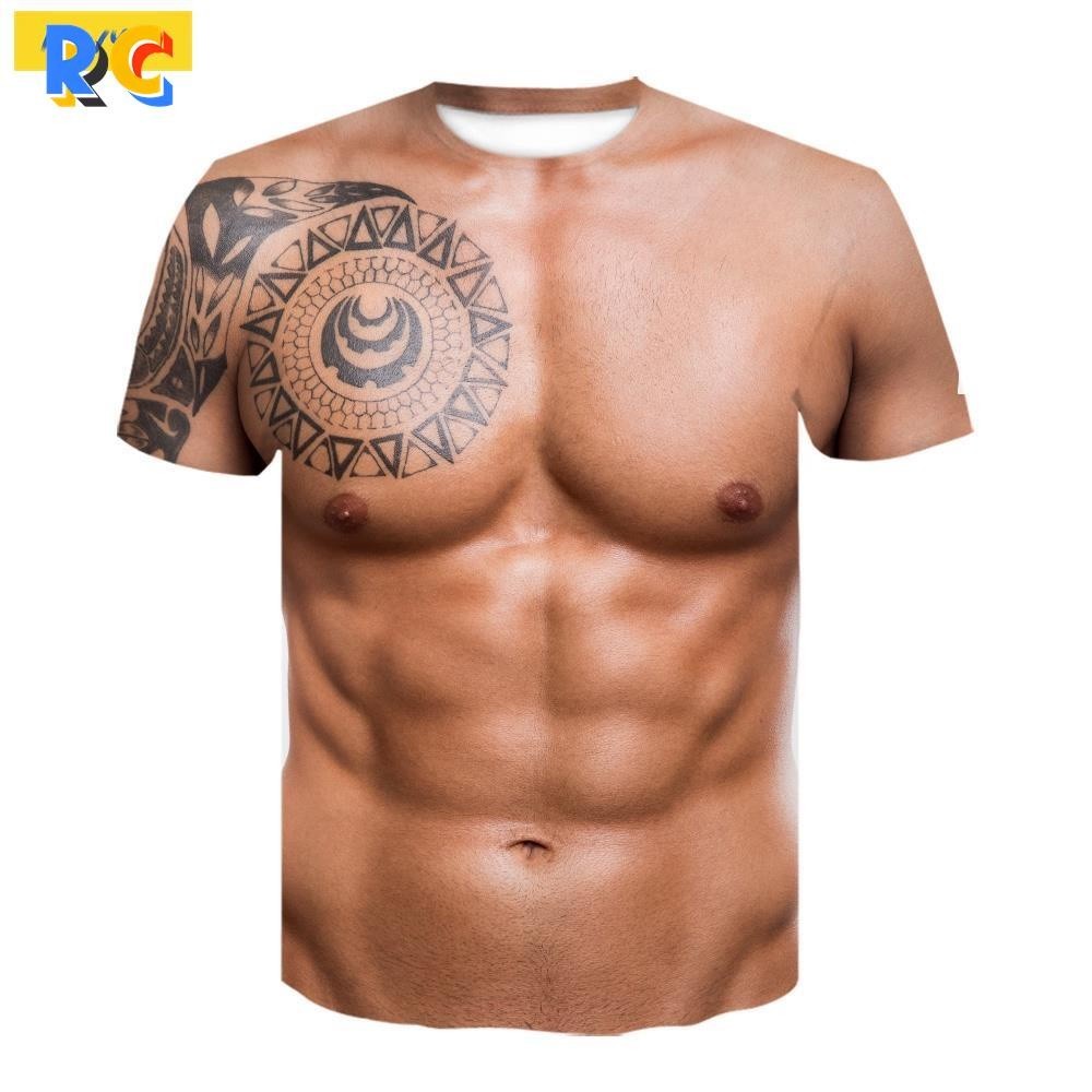 [RC]เสื้อยืดชายฤดูร้อนตลกBody Six-pack Absกล้ามเนื้อTshirtสําหรับชายCamisetas Hombre 3Dพิมพ์ปลอมแขนส