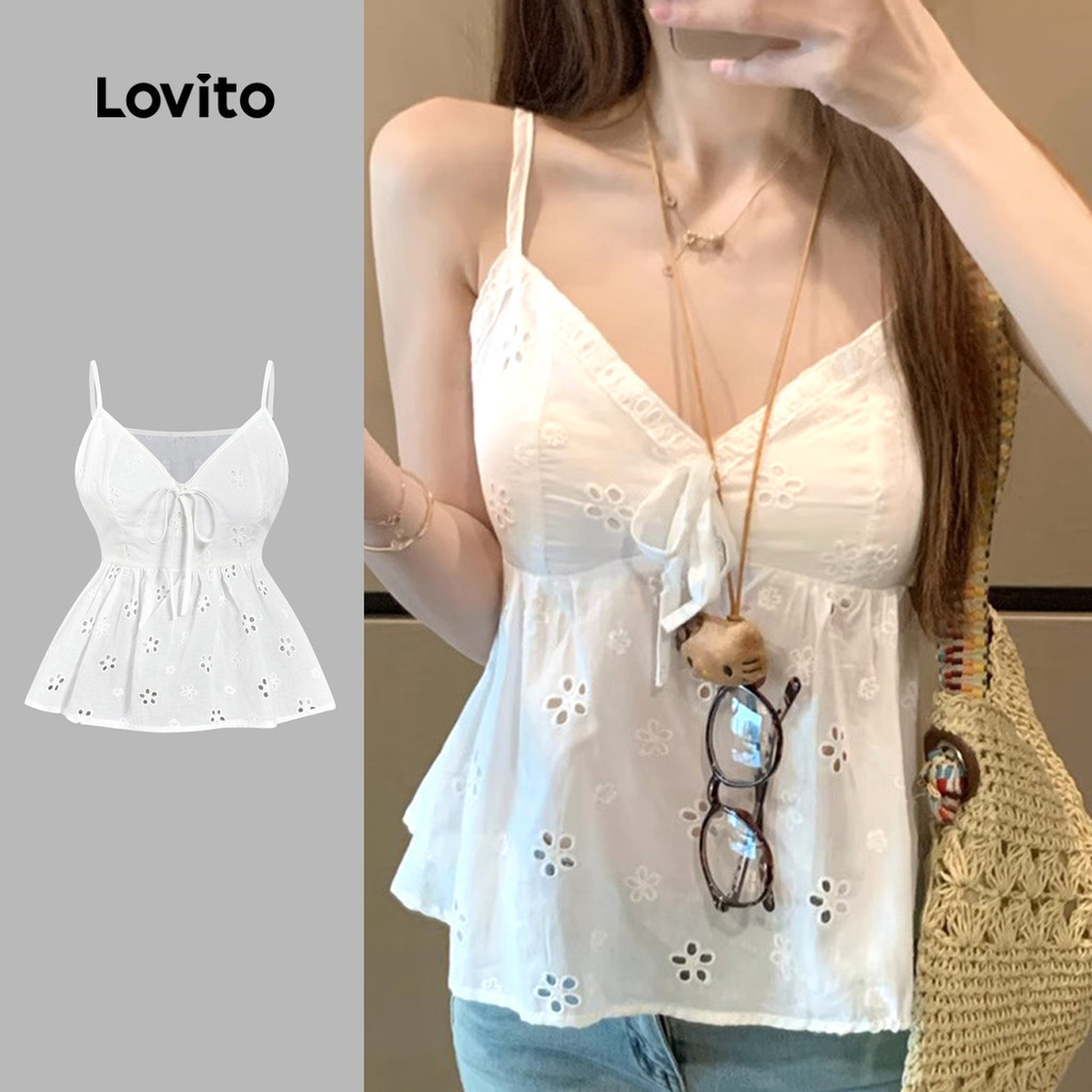 (New) Lovito เสื้อเปิดไหล่สบายๆ โครงสร้างสายเสื้อแบบสายรัดรูตะขอปักลายดอกไม้ ฤดูใบไม้ผลิ/ฤดูร้อน สีขาว L143ED079
