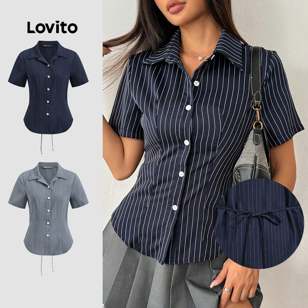 Lovito เสื้อหรูหราลายปุ่มด้านหน้ารอบฤดูร้อน/ฤดูใบไม้ผลิเสื้อสําหรับผู้หญิง LBL23387