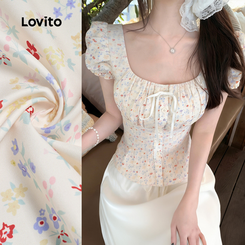 Lovito เสื้อน่ารักสำหรับวันสงกรานต์ ผูกด้านหน้า ติดกระดุม เสื้อลำลองสำหรับฤดูใบไม้ผลิ/ฤดูร้อนสำหรับผู้หญิง L179AD074