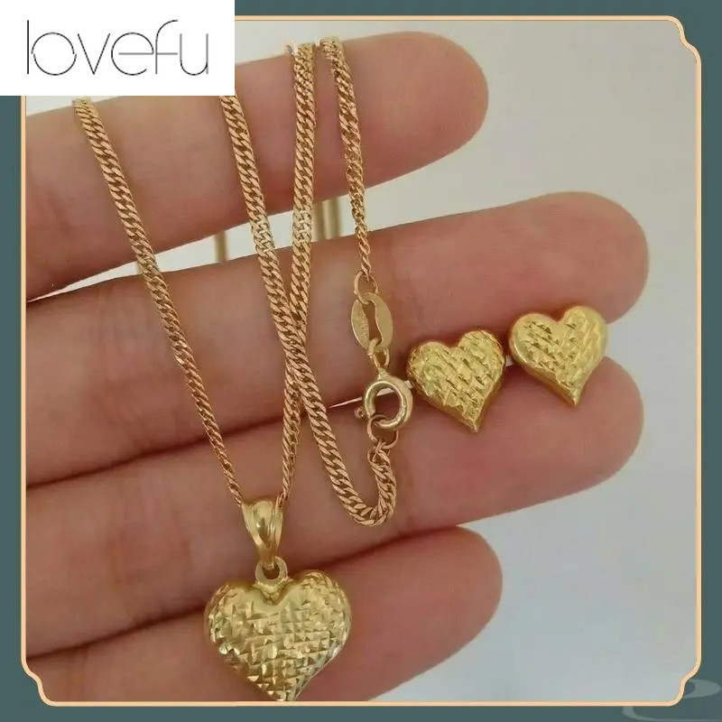 2Psc 18K Saudi Gold Pawnable Heart-shaped ต่างหูและสร้อยคอชุดสําหรับผู้หญิงhypoallergenic non tarnis