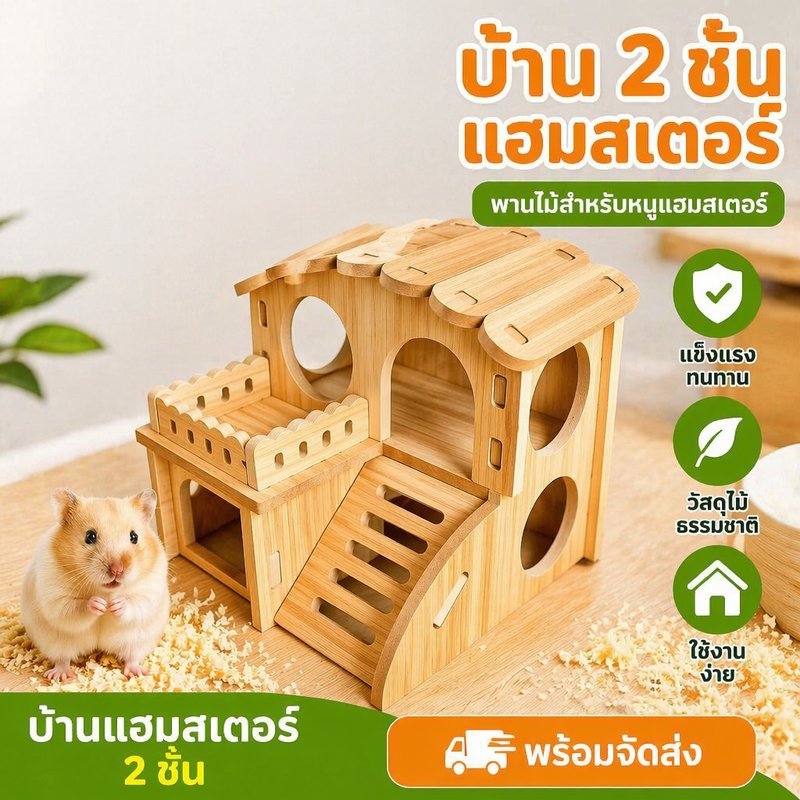บ้านแฮมสเตอร์ บ้านไม้ 2ชั้น สะพานไม้ ที่หลบซ่อน หนูแฮมสเตอร์ สัตว์เลี้ยงเล็ก มินิมอล ธรรมชาติ