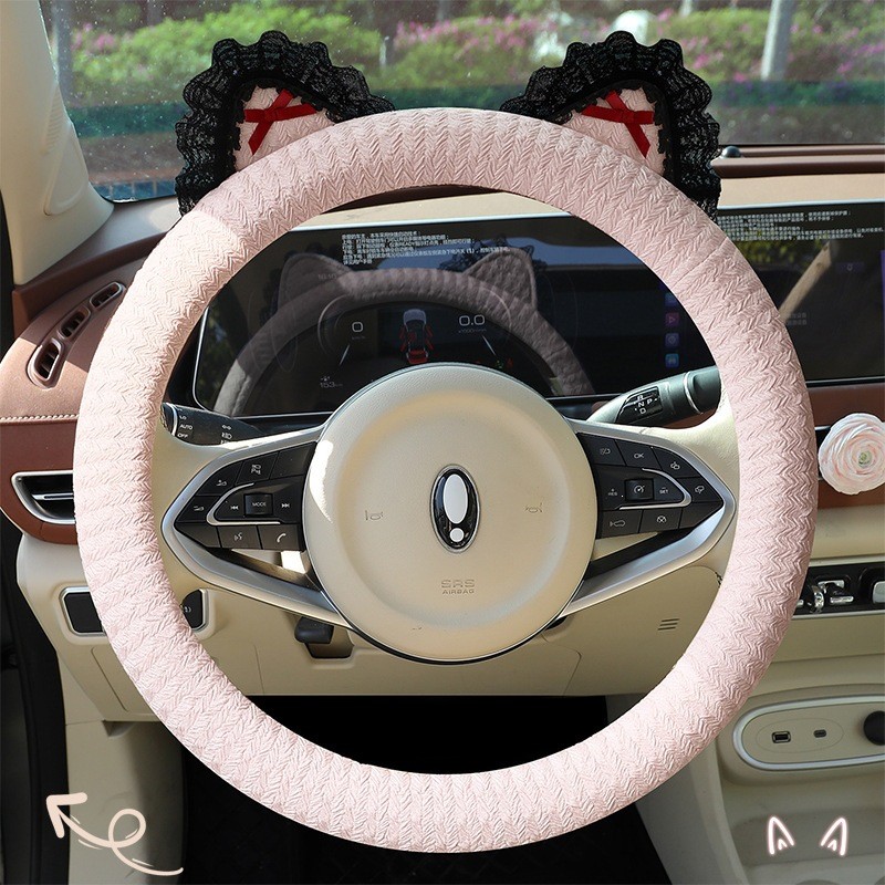New Car Steering Wheel Cover Four Seasons Universal Non-Slip Breathable Cute Girls Cartoon Cat Ears 