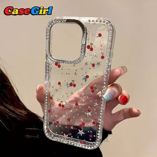 สำหรับ iPhone 17 16 15 13 11 12 14 Pro Max 16 15 14Plus รุ่นใหม่ เคสกันกระแทกลายดาวและเชอร์รี่ กลิตเตอร์ขอบคริสตัลหรูหรา