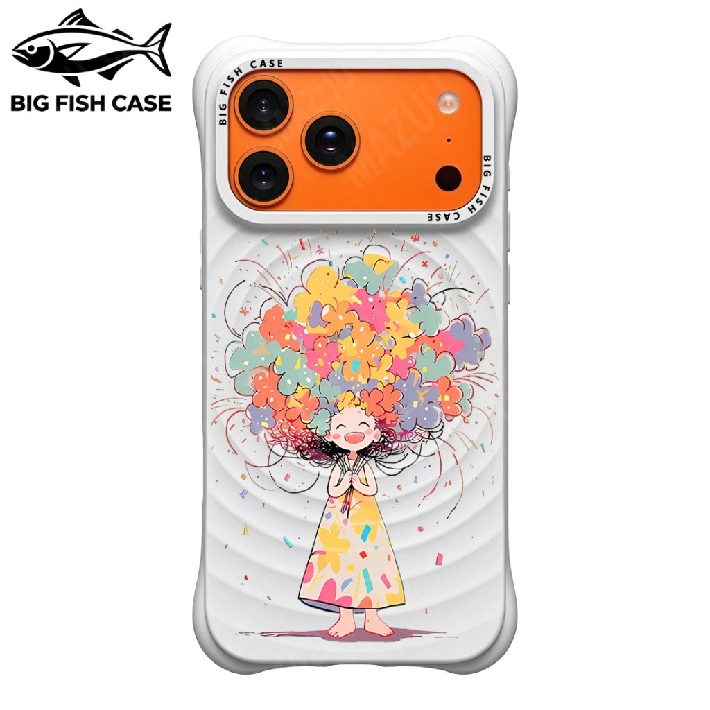 เคสไอโฟน ซิลิโคนสีขาว กันกระแทก ลายเด็กหญิงถือช่อดอกไม้สีสันสดใสแม่เหล็ก มุมหนา สำหรับ iPhone 17 16 15 14 13 12 11 Pro M