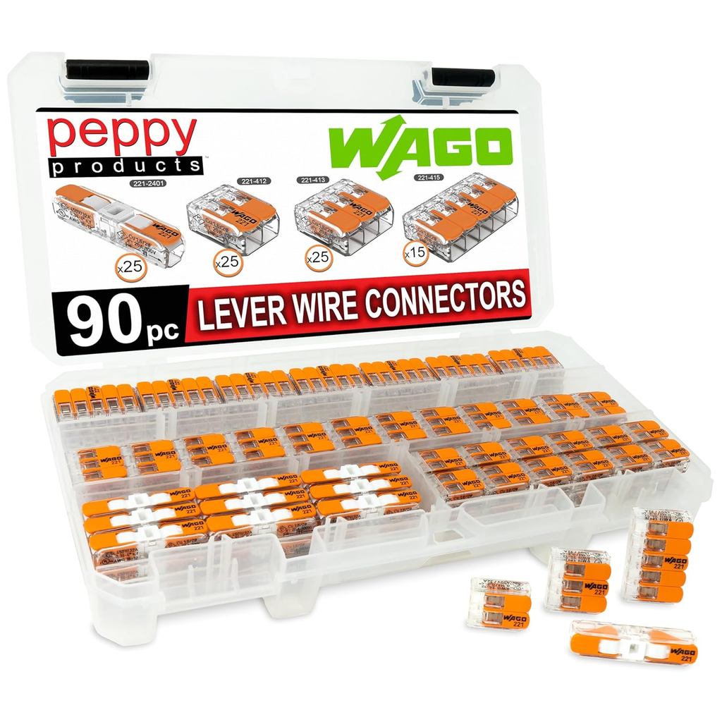 แท้ WAGO 221 Lever Nuts 90pc Compact Splicing Wire Connector Assortment พร้อมเคส รวม 221-2401, 221-4