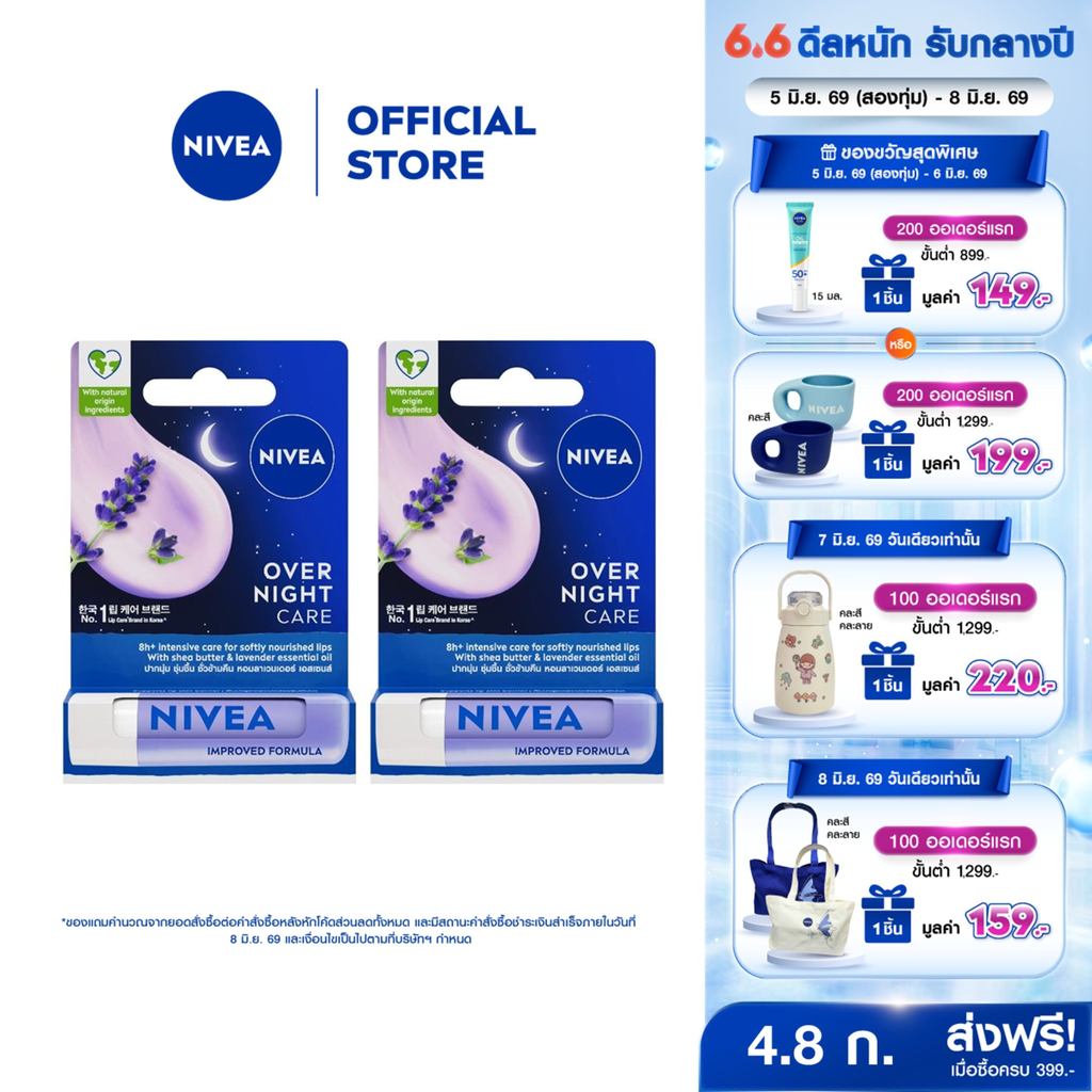 นีเวีย ลิป โอเวอร์ ไนท์ แคร์ 4.8 กรัม 2 ชิ้น NIVEA