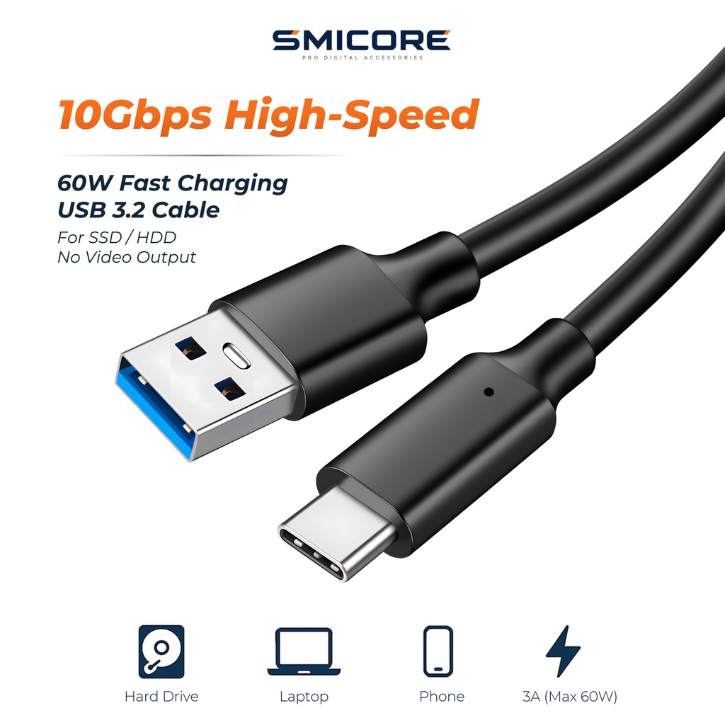 USB3.2 Gen2 Type-C Cable 60W ชาร์จเร็ว 10Gbps to USB-A สายข้อมูลความเร็วสูง ใช้กับ HDD/โน้ตบุ๊ก/โทรศัพท์