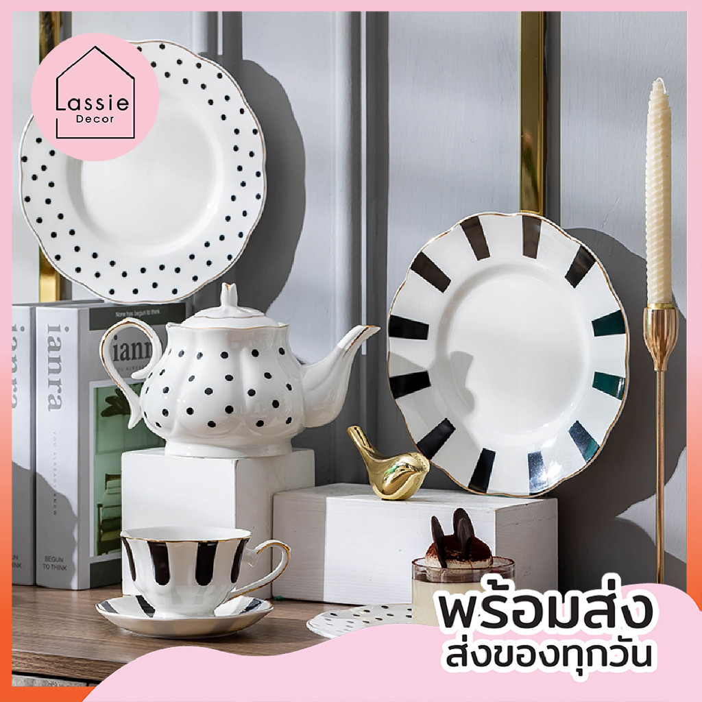 🍑 【พร้อมส่ง】 ชุดจานชามเซรามิก "จุดขอบทอง"  เรียบหรู ฟิลคุณหนูมาก  Lassie Decor✨🍽️