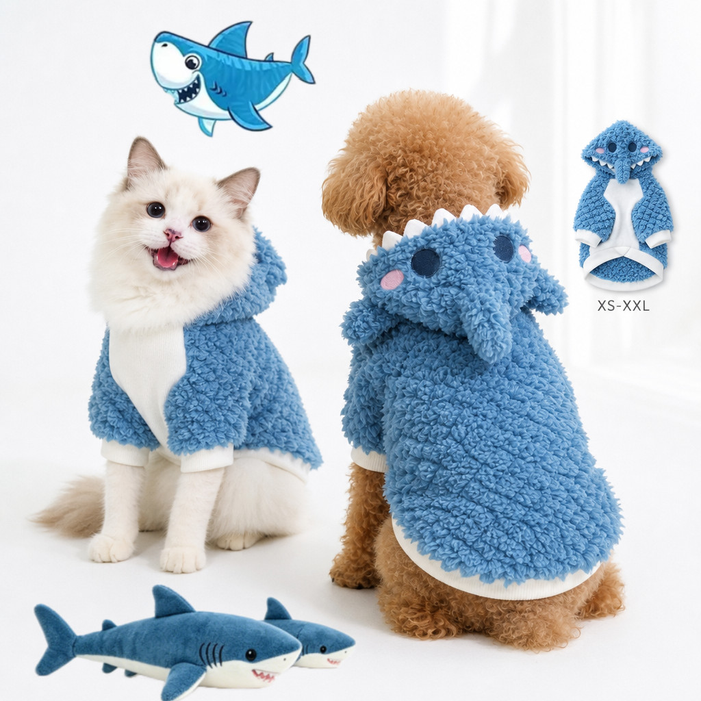 Shark Plush สัตว์เลี้ยง Hoodie ตลก Soft Plush คอสเพลย์เสื้อผ้าสัตว์เลี้ยงชุดน่ารักสําหรับสุนัขขนาดกลางขนาดเล็กแมวกระต่ายปาร์ตี้ฮาโลวีน Dress Up เครื่องแต่งกาย