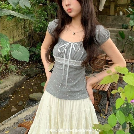 LUNA~~Xเวอร์ชั่นเกาหลี คอวี ผูกขึ้น เสื้อแขนสั้น เสื้อเชิ้ต รุ่นใหม่ สไตล์หวาน
