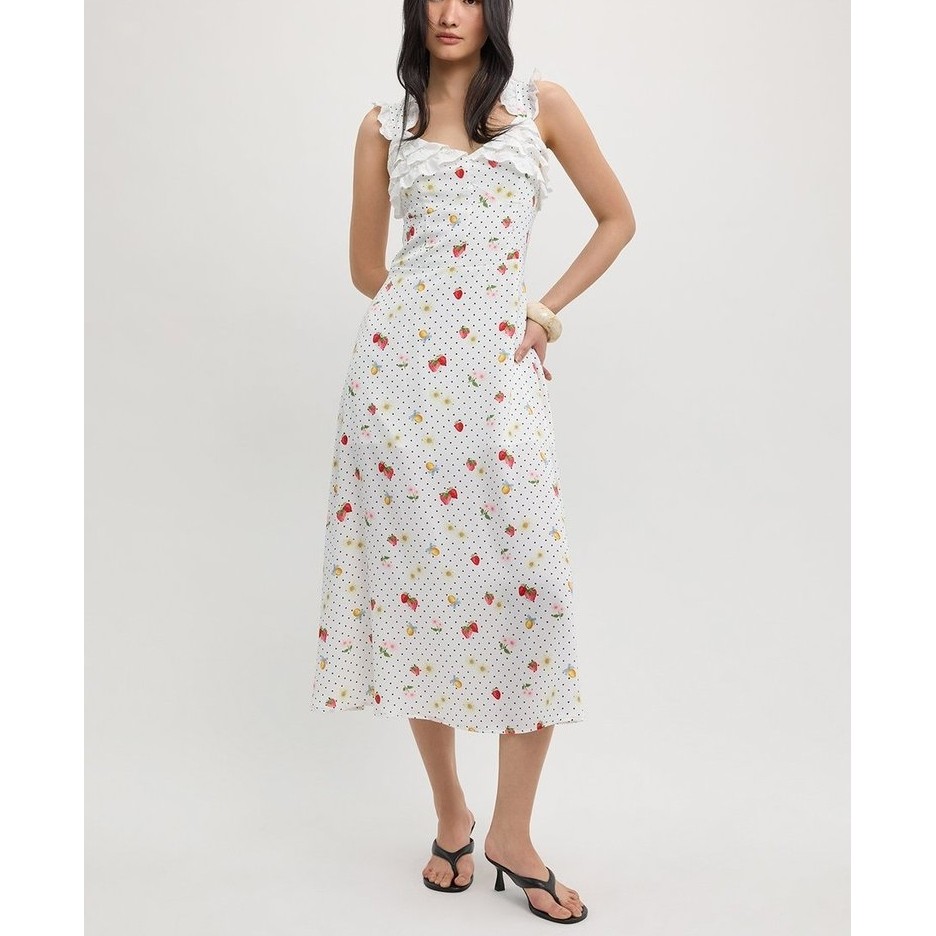 [Pomelo] เดรสยาวลายจุดแต่งระบาย / Ruffle Trim Polka Dot Midi Dress